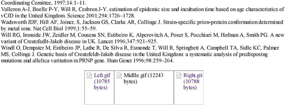 Will RG, Ironside JW, Zeidler M, Cousens SN, Estibeiro K, Alperovitch A, Poser S, Pocchiari M, Hofman A, Smith PG. A new variant of Creutzfedlt-Jakob disease in UK. Lancet 1996;347:921 925.