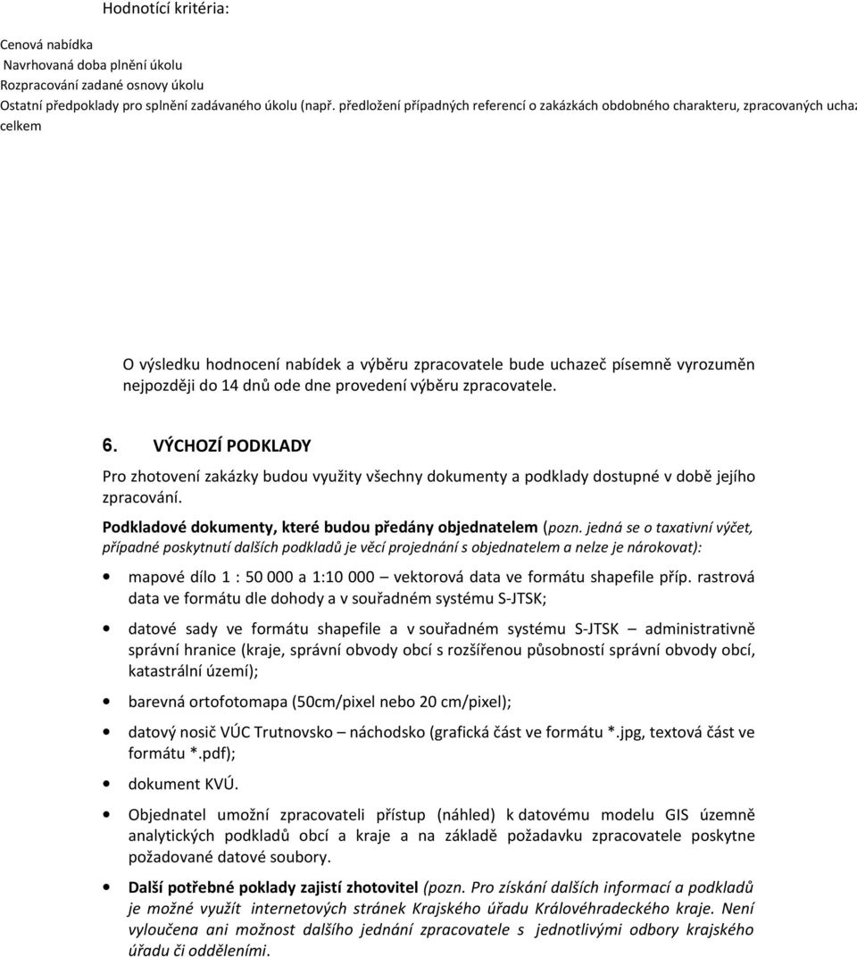 dne provedení výběru zpracovatele. 6. VÝCHOZÍ PODKLADY Pro zhotovení zakázky budou využity všechny dokumenty a podklady dostupné v době jejího zpracování.