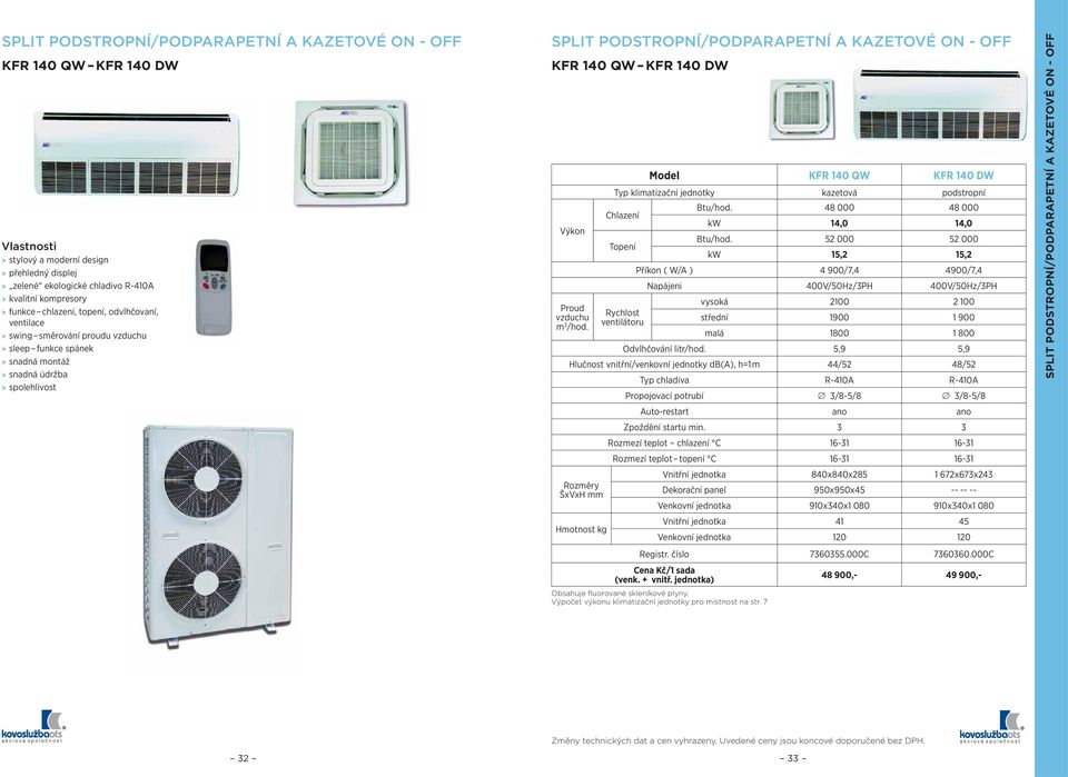 Výkon Model KFR 140 QW KFR 140 DW Typ klimatizační jednotky kazetová podstropní Chlazení Btu/hod. 48 000 48 000 kw 14,0 14,0 Topení Btu/hod.