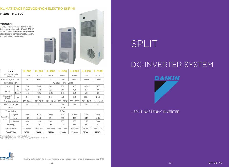 SPLIT Model H 300 H 600 H 1000 H -1500 H 2000 H 2500 H 3500 Typ klimatizační jednotky boční boční boční boční boční boční boční Chladicí výkon W 300 600 1 000 1 500 2 000 2 500 3 500 Přívod napájeni