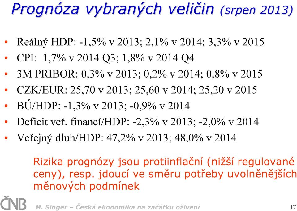 veř. financí/hdp: -2,3% v 213; -2,% v 214 Veřejný dluh/hdp: 47,2% v 213; 48,% v 214 Rizika prognózy jsou protiinflační (nižší