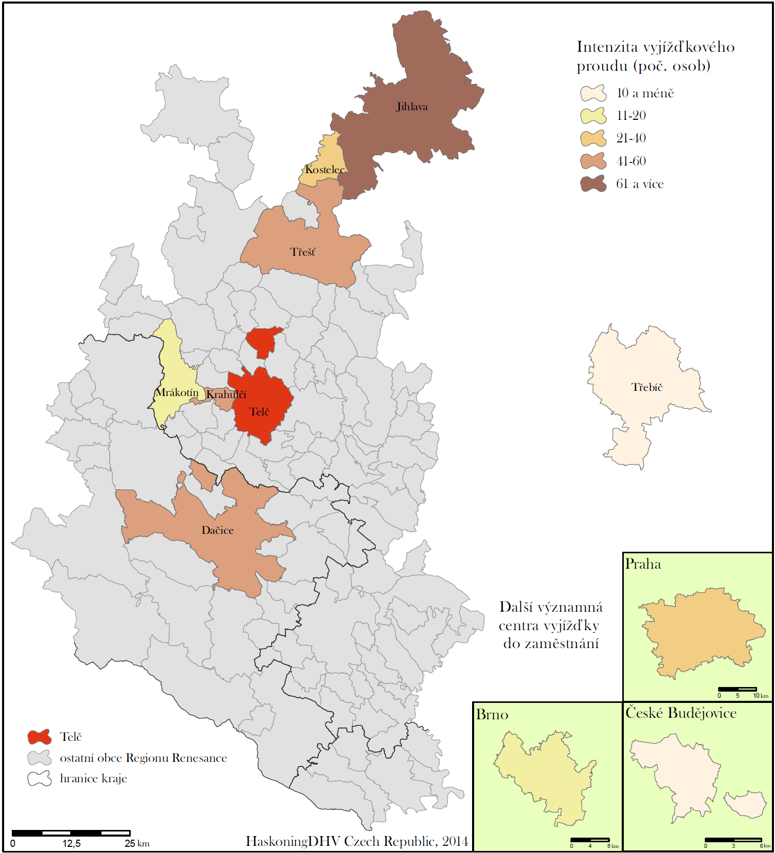 Obrázek 3: Vyjížďka obyvatel za prací z města Telč, 2011 Zdroj: ČSÚ, SLDB 2011, vlastní úpravy Naopak do města Telč dojíždí za prací celkem 369 osob.