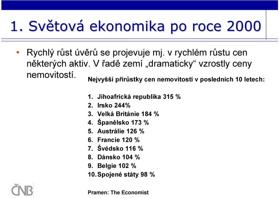 Nejvyšší přírůstky cen nemovitostí v posledních 10 letech: 1. Jihoafrická republika 315 % 2. Irsko 244% 3.