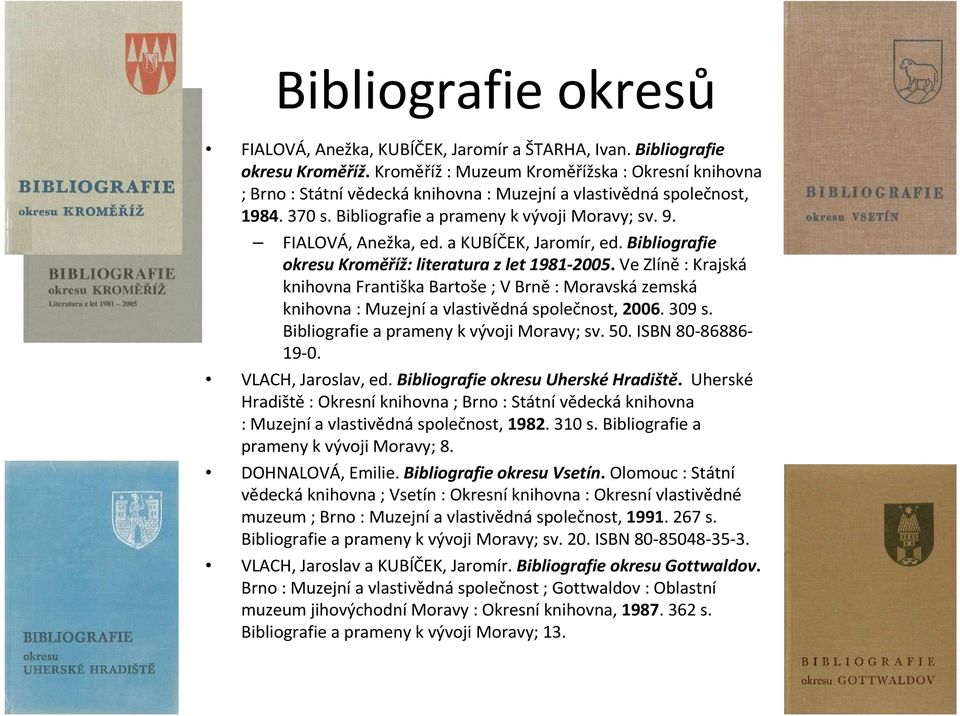 a KUBÍČEK, Jaromír, ed. Bibliografie okresu Kroměříž: literatura z let 1981-2005. Ve Zlíně: Krajská knihovna Františka Bartoše ; V Brně: Moravská zemská knihovna :Muzejnía vlastivědnáspolečnost, 2006.