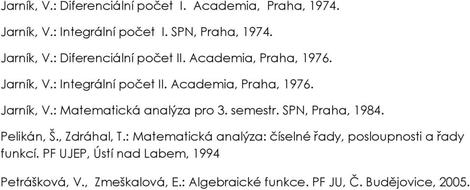 semestr. SPN, Praha, 1984. Pelikán, Š., Zdráhal, T.: Matematická analýza: číselné řady, posloupnosti a řady funkcí.