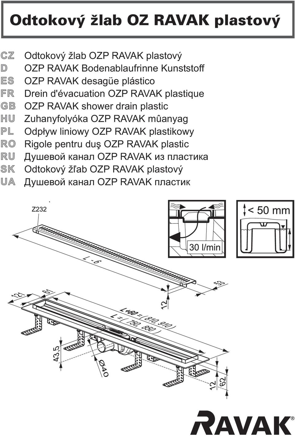 shower drain plastic Zuhanyfolyóka OZP RAVAK mûanyag Odp³yw liniowy OZP RAVAK plastikowy Rigole pentru duº