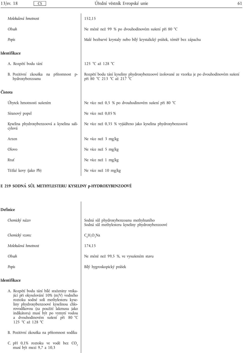 Pozitivní zkouška na přítomnost p- hydroxybenzoanu Rozpětí bodu tání kyseliny phydroxybenzoové izolované ze vzorku je po dvouhodinovém sušení při 80 C 213 C až 217 C Úbytek hmotnosti sušením Ne více