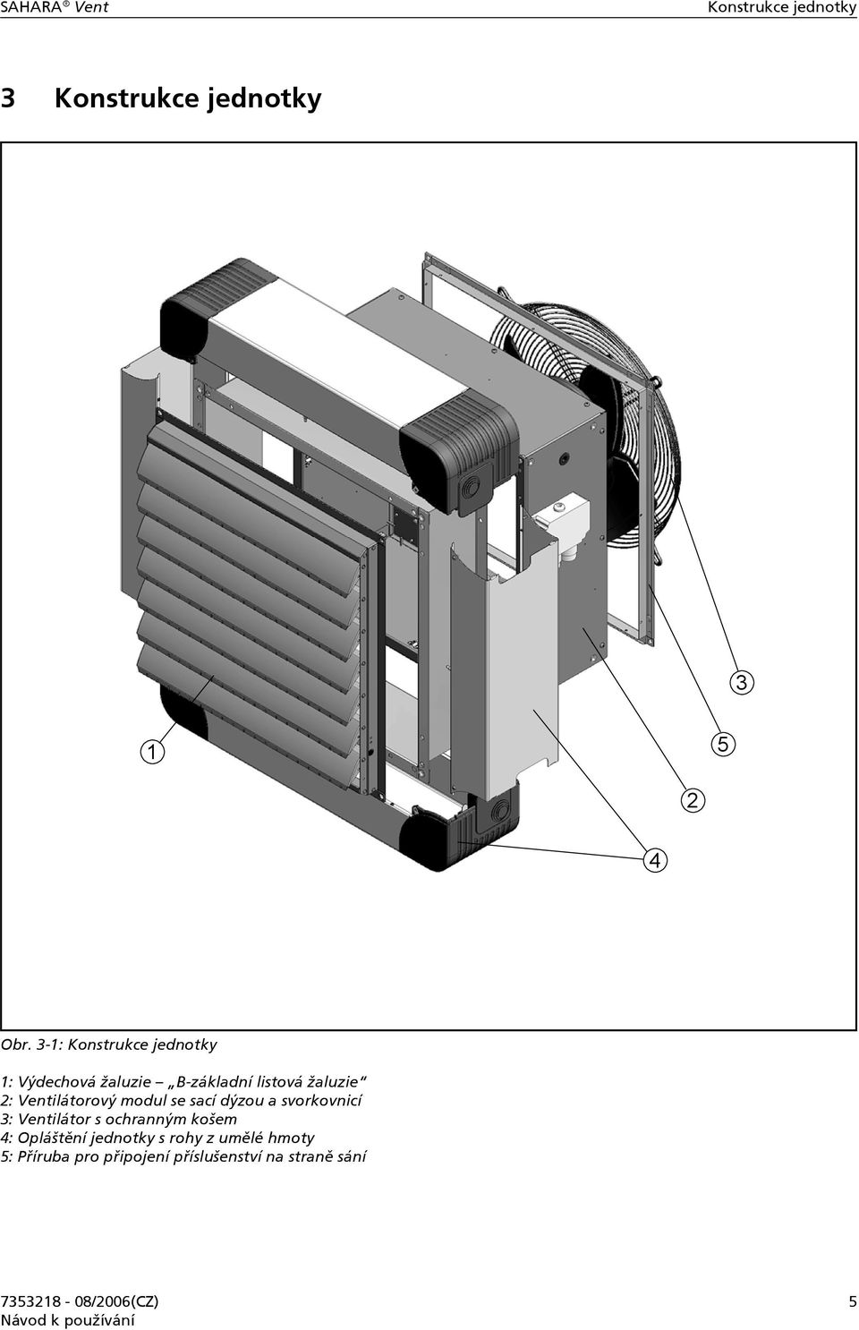 Ventilátorový modul se sací dýzou a svorkovnicí 3: Ventilátor s ochranným košem 4: