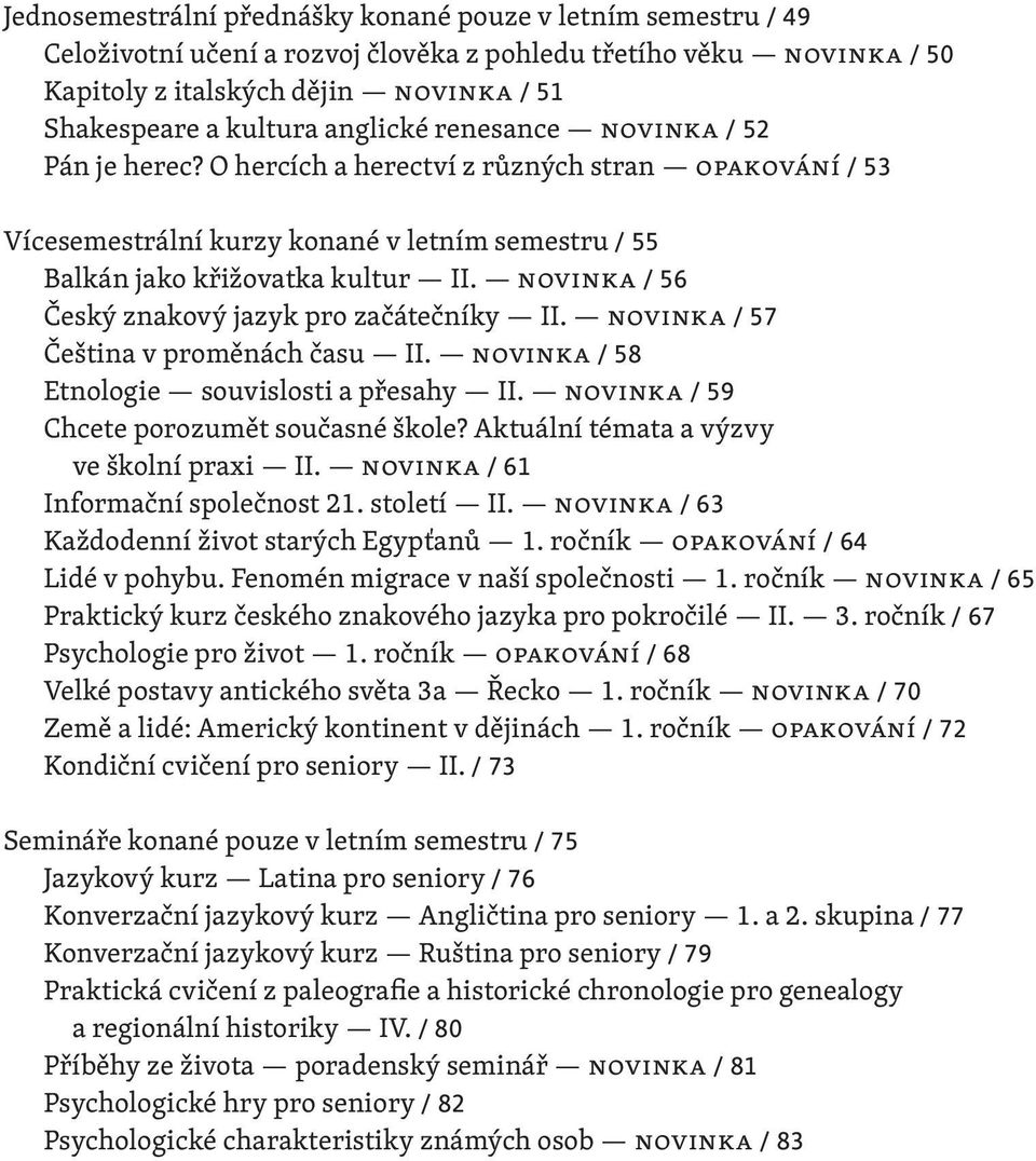 novinka / 56 Český znakový jazyk pro začátečníky II. novinka / 57 Čeština v proměnách času II. novinka / 58 Etnologie souvislosti a přesahy II. novinka / 59 Chcete porozumět současné škole?