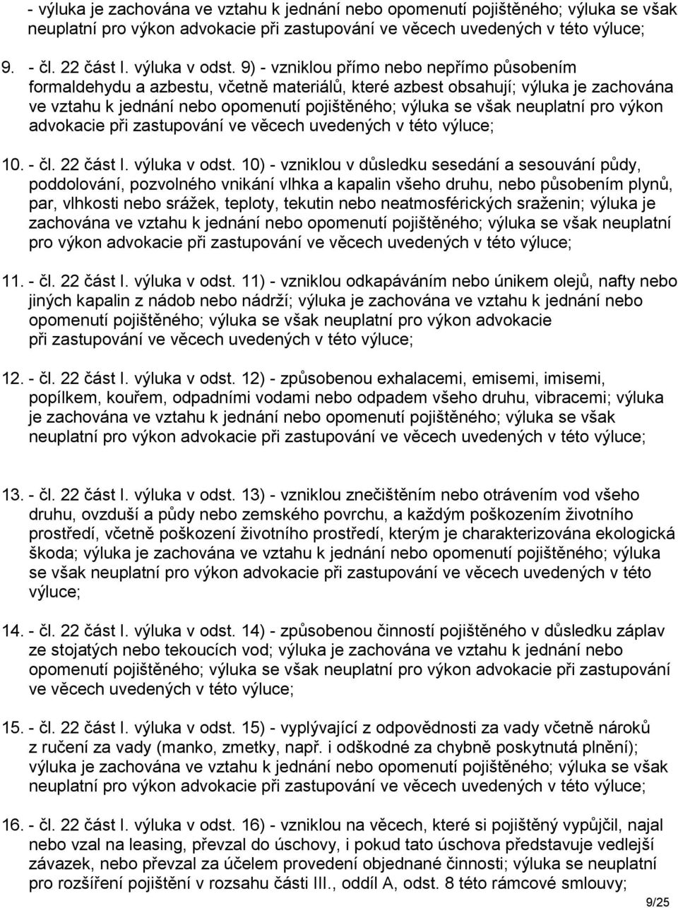neuplatní pro výkon advokacie při zastupování ve věcech uvedených v této výluce; 10. - čl. 22 část I. výluka v odst.