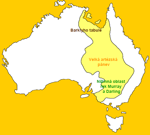 snížená část (výšky kolem 100 m), jednotvárný typ reliéfu, akumulační odvodňována jen menší severní část a na jihu nížina Murray Darling, většina je bezodtoková Severní hranicí bezodtoké oblasti je