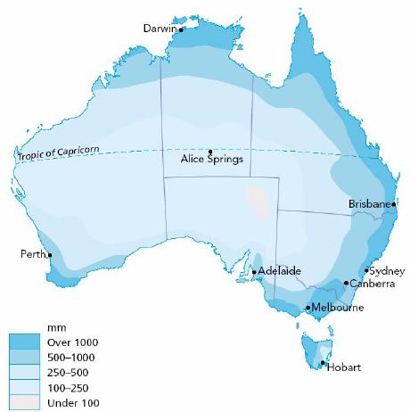 ubývá V S části Austrálie je nejvíce srážek v létě, v J části v zimě sníh padá jen v