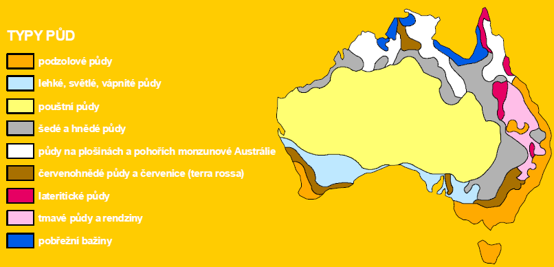 Převažují půdy typické pro tropické klima Půdy mírného pásu jsou pouze v horských oblastech jihovýchodní Austrálie a na Tasmánii