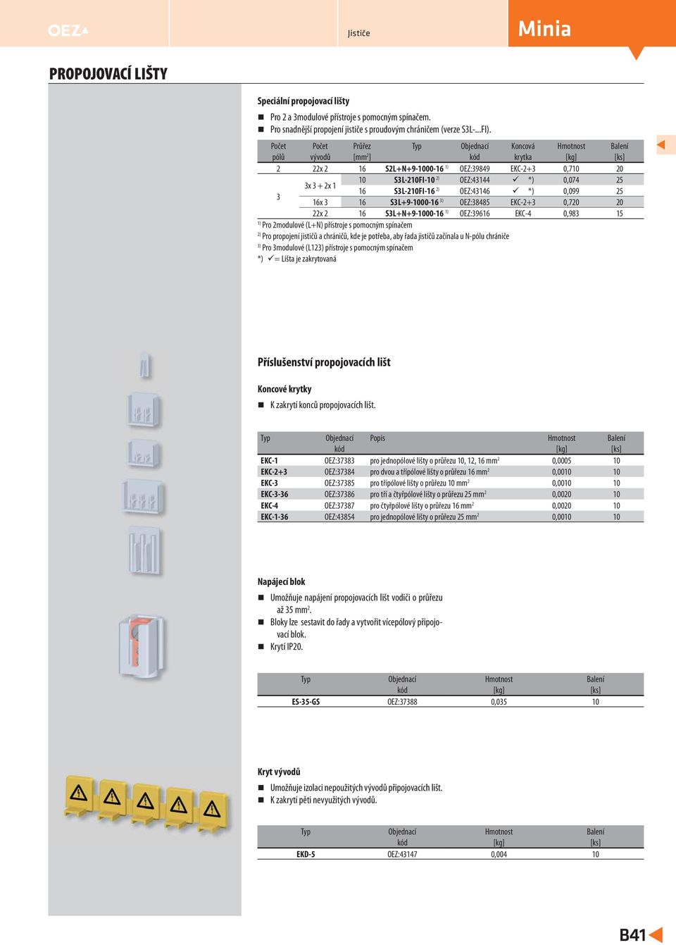 EKC-2+3 0,720 20 22x 2 6 S3L+N+9-000-6 ) OEZ:3966 EKC- 0,983 ) Pro 2modulové (L+N) přístroje s pomocným spínačem 2) Pro propojení jističů a chráničů, kde je potřeba, aby řada jističů začínala u