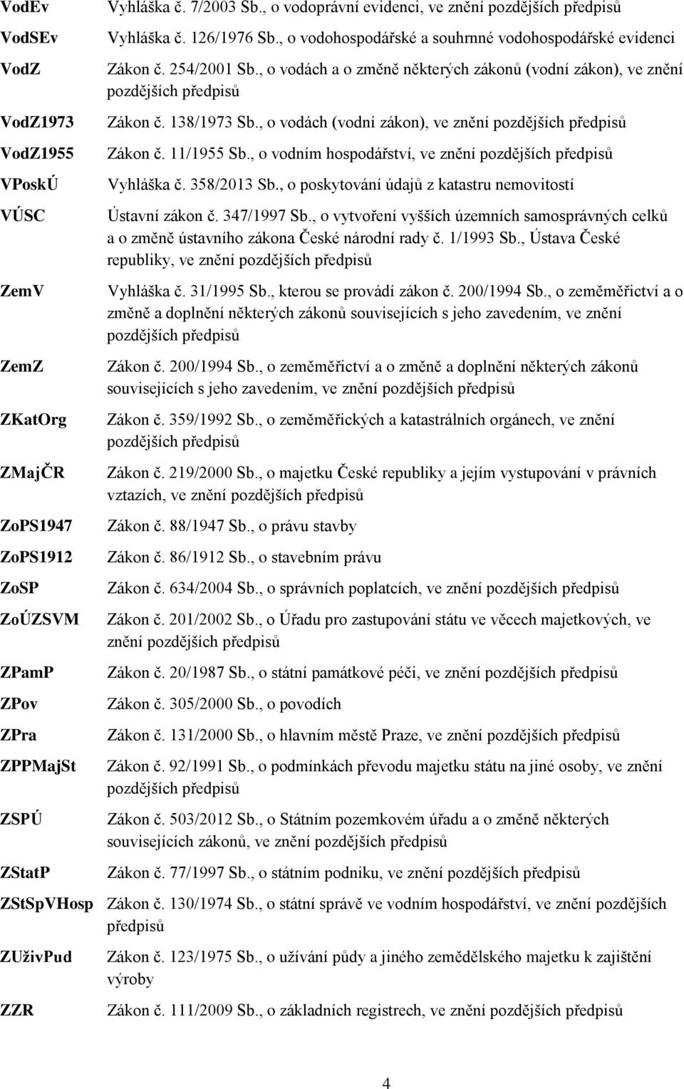 , o vodách a o změně některých zákonů (vodní zákon), ve znění pozdějších předpisů Zákon č. 138/1973 Sb., o vodách (vodní zákon), ve znění pozdějších předpisů Zákon č. 11/1955 Sb.
