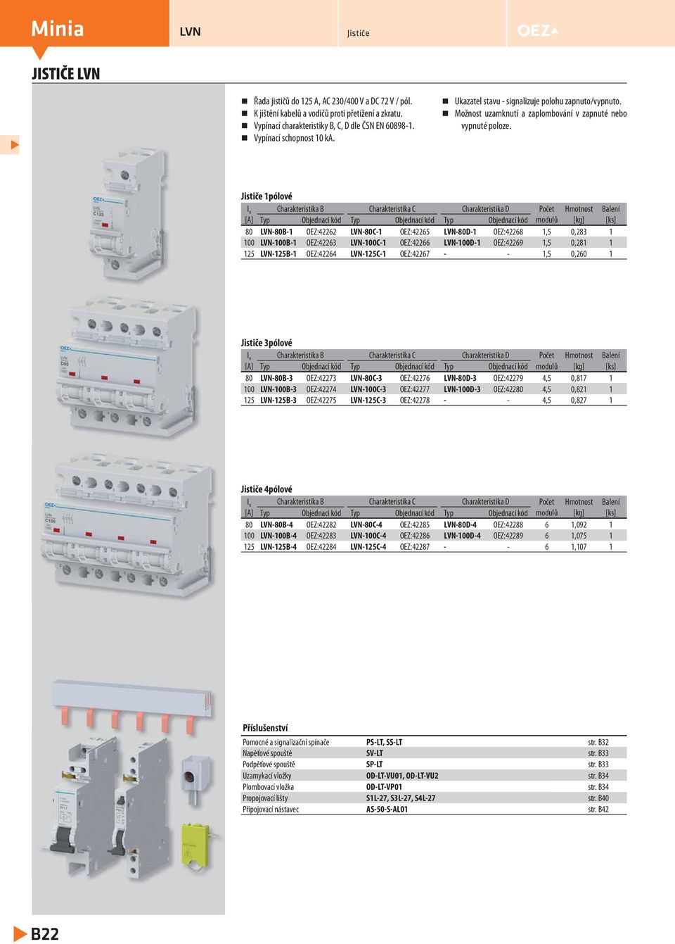 1pólové I n Charakteristika B Charakteristika C Charakteristika D Počet Hmotnost Balení [A] Typ Objednací kód Typ Objednací kód Typ Objednací kód modulů [kg] [ks] 80 LVN-80B-1 OEZ:42262 LVN-80C-1