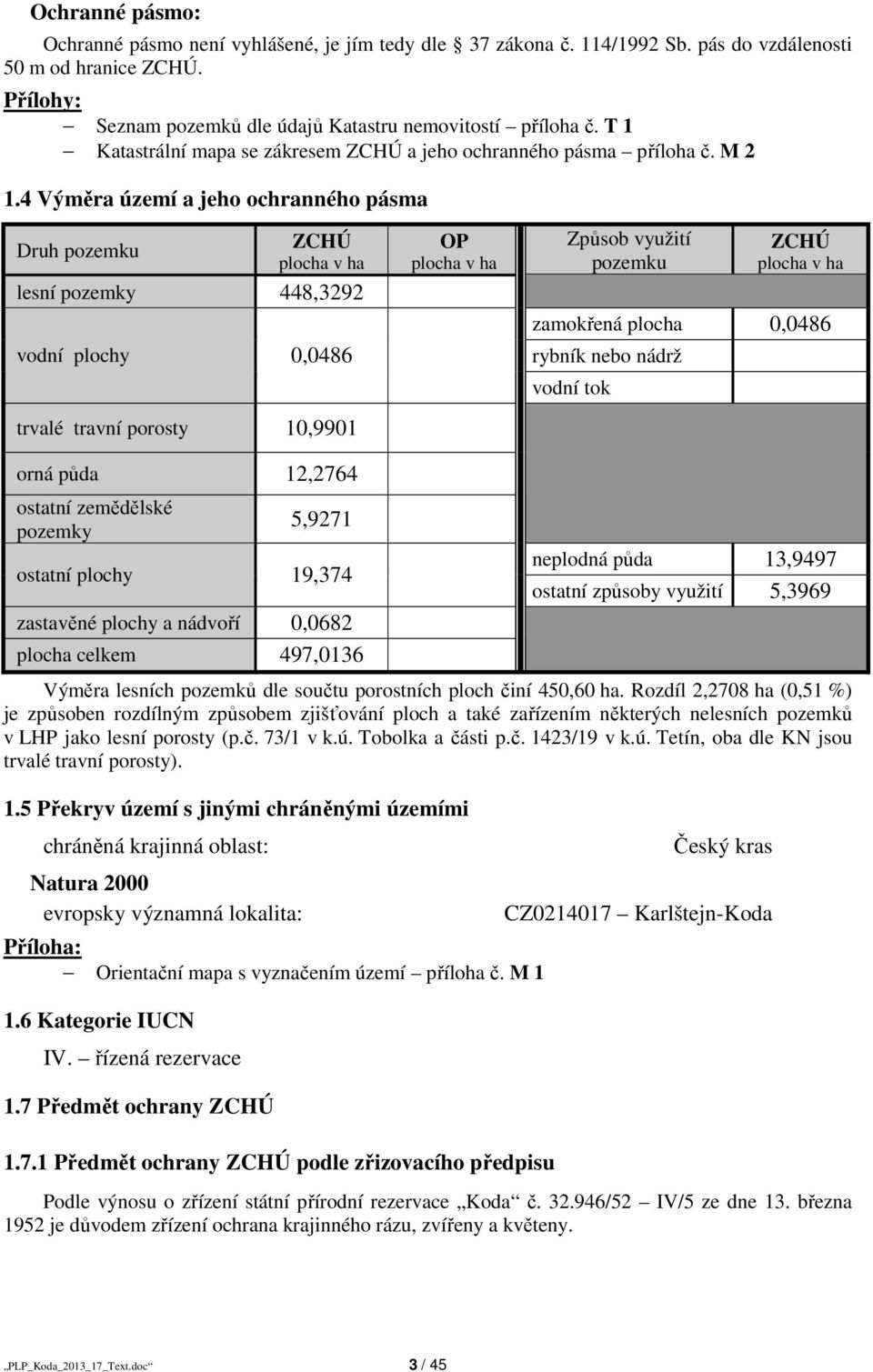 4 Výměra území a jeho ochranného pásma Druh pozemku ZCHÚ plocha v ha lesní pozemky 448,3292 vodní plochy 0,0486 trvalé travní porosty 10,9901 OP plocha v ha Způsob využití pozemku ZCHÚ plocha v ha