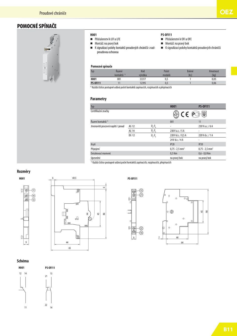 PS-OFI11 11 12395 0,5 1 0,0 1) Každá číslice postupně udává počet kontaktů zapínacích, rozpínacích a přepínacích Parametry Typ H001 PS-OFI11 Certifikační značky Řazení kontaktů 1) 001 11 Jmenovité