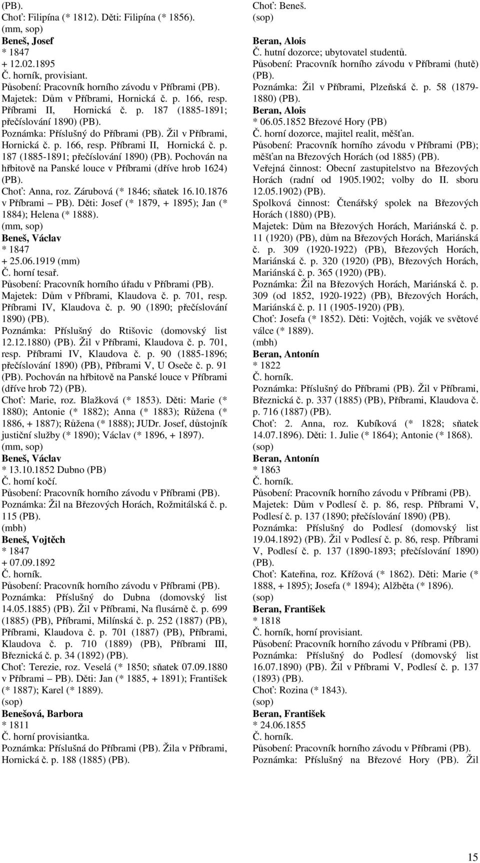 Zárubová (* 1846; sňatek 16.10.1876 v Příbrami PB). Děti: Josef (* 1879, + 1895); Jan (* 1884); Helena (* 1888). (mm, sop) Beneš, Václav * 1847 + 25.06.1919 Č. horní tesař.