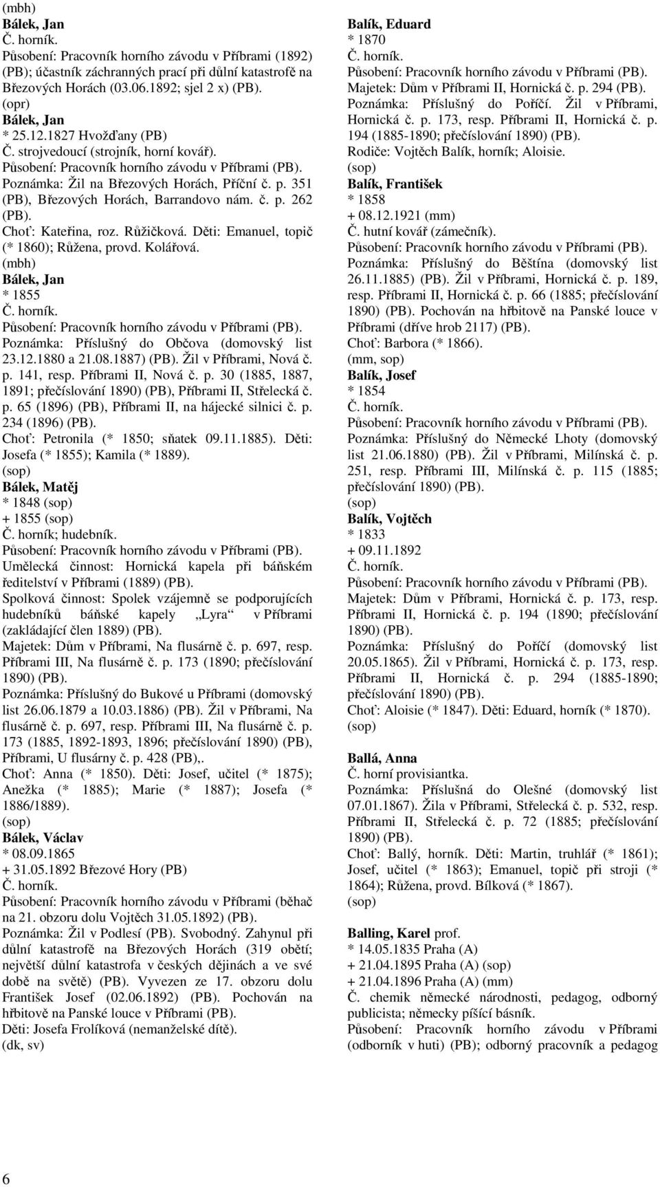 Děti: Emanuel, topič (* 1860); Růžena, provd. Kolářová. Bálek, Jan * 1855 Poznámka: Příslušný do Občova (domovský list 23.12.1880 a 21.08.1887) Žil v Příbrami, Nová č. p. 141, resp.