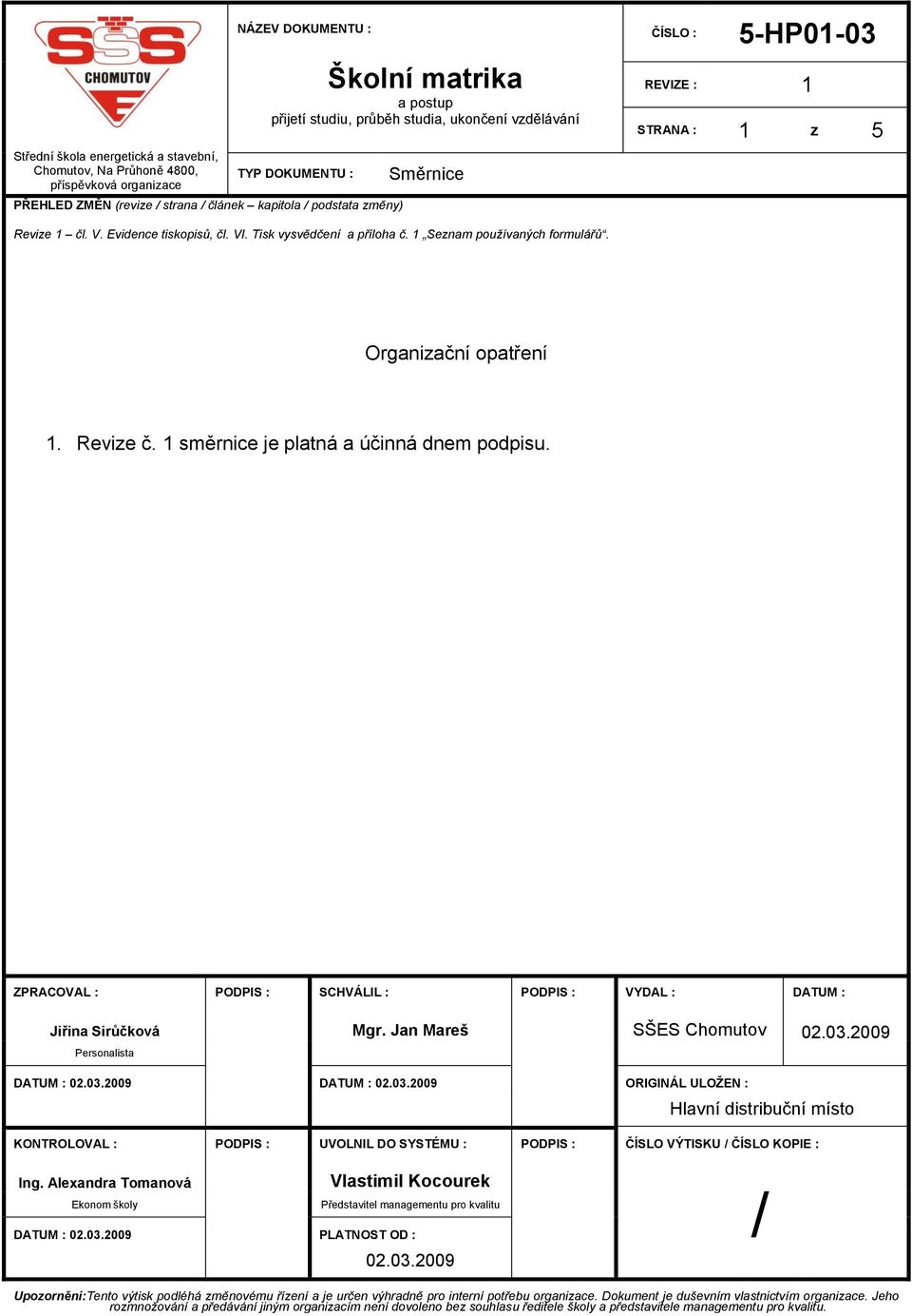 ZPRACOVAL : PODPIS : SCHVÁLIL : PODPIS : VYDAL : DATUM : Jiřina Sirůčková Mgr. Jan Mareš SŠES Chomutov 02.03.