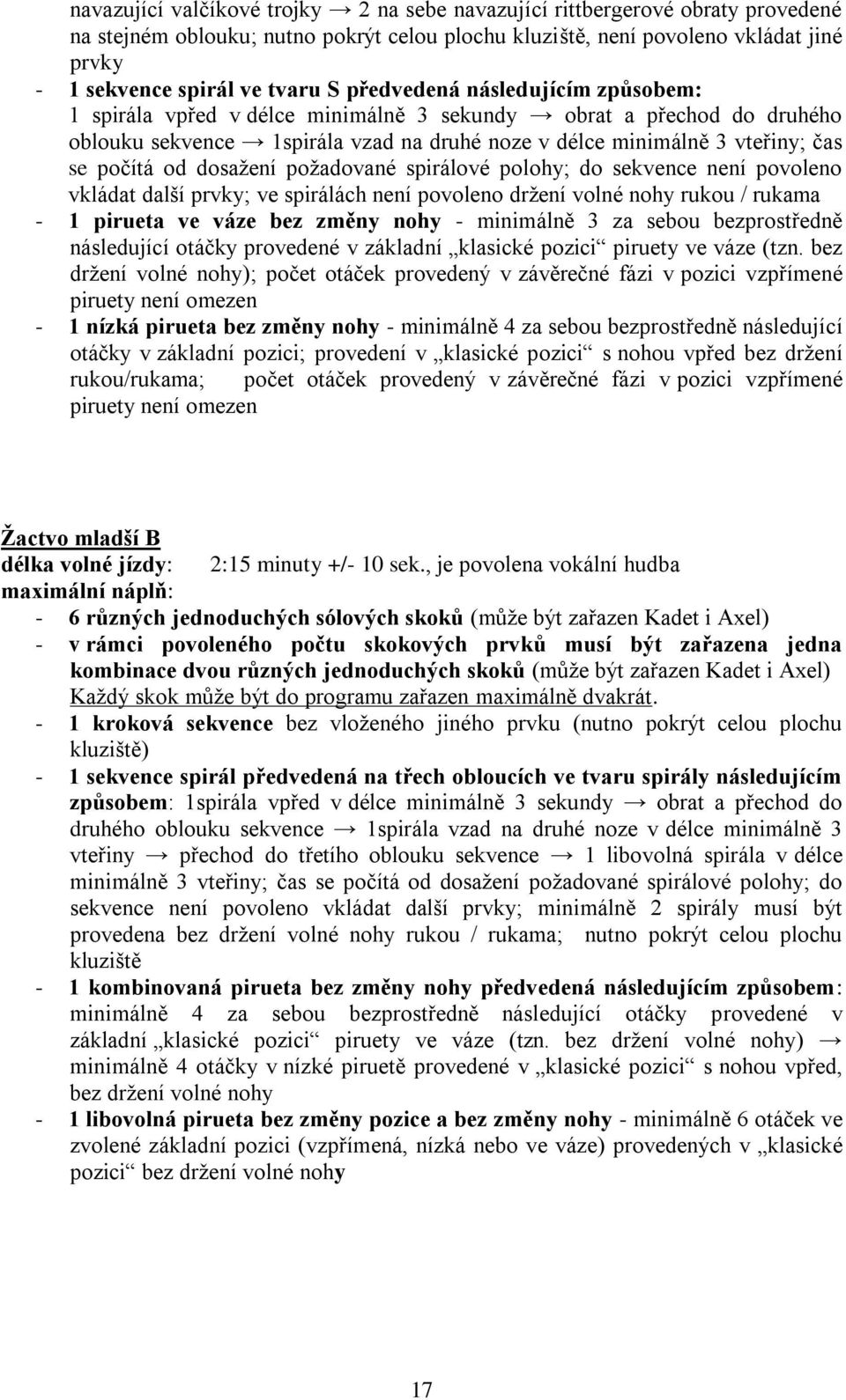 dosažení požadované spirálové polohy; do sekvence není povoleno vkládat další prvky; ve spirálách není povoleno držení volné nohy rukou / rukama - 1 pirueta ve váze bez změny nohy - minimálně 3 za