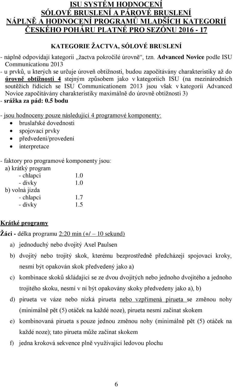 Advanced Novice podle ISU Communicationu 2013 - u prvků, u kterých se určuje úroveň obtížnosti, budou započítávány charakteristiky až do úrovně obtížnosti 4 stejným způsobem jako v kategoriích ISU