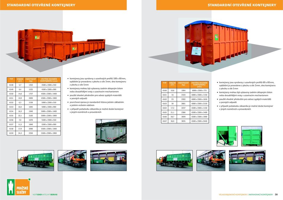 profilů 100 x 60 mm, opláštění je provedeno z plechu o síle 3 mm, dno kontejneru z plechu o síle 5 mm kontejnery mohou být vybaveny zadním sklopným čelem nebo dvoukřídlými vraty s uzavíracím