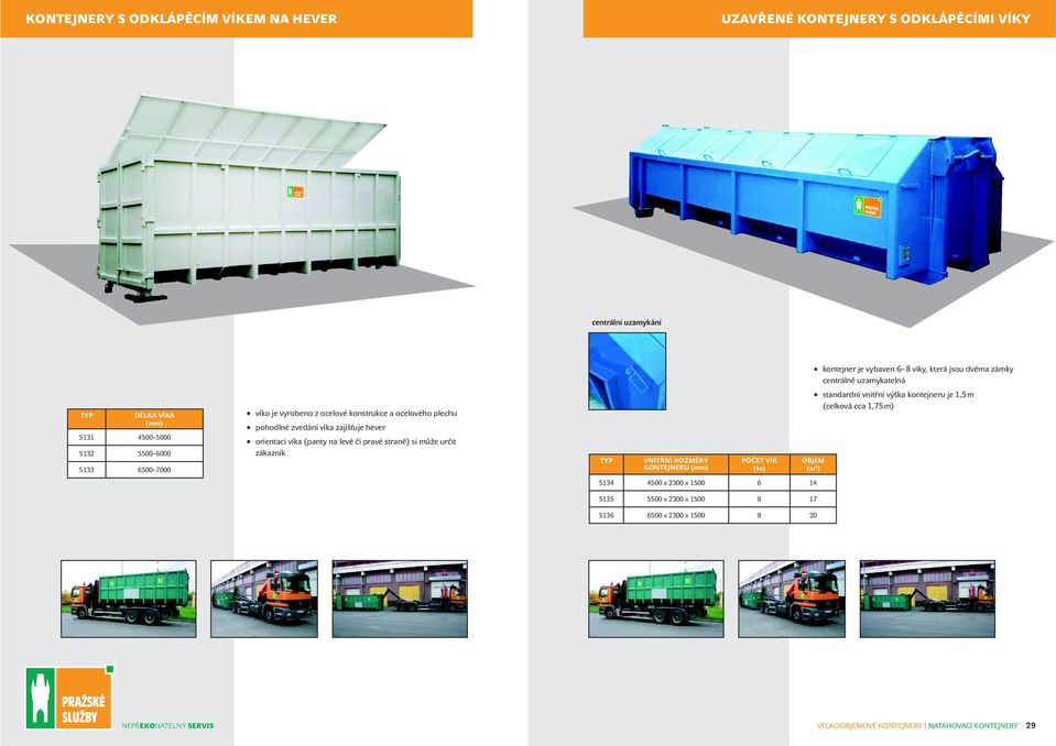 VNITŘNÍ ROZMĚRY KONTEJNERU (mm) POČET VÍK (ks) OBJEM (m 3 ) 5134 4500 x 2300 x 1500 6 14 5135 5500 x 2300 x 1500 8 17 kontejner je vybaven 6 8 víky, která jsou dvěma