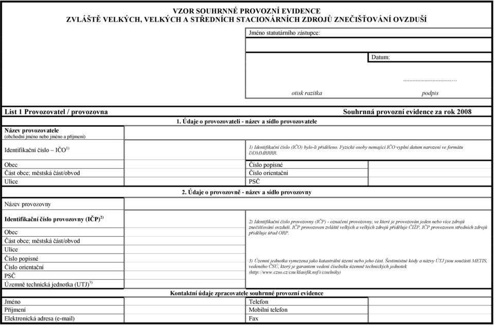 Údaje o provozovateli - název a sídlo provozovatele Identifikační číslo IČO 1) 1) Identifikační číslo (IČO) bylo-li přiděleno. Fyzické osoby nemající IČO vyplní datum narození ve formátu DDMMRRRR.