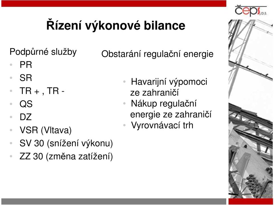 zatížení) Obstarání regulační energie Havarijní výpomoci