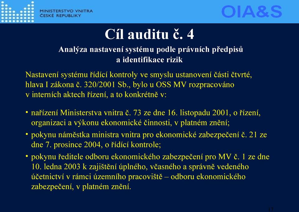 listopadu 2001, o řízení, organizaci a výkonu ekonomické činnosti, v platném znění; pokynu náměstka ministra vnitra pro ekonomické zabezpečení č. 21 ze dne 7.