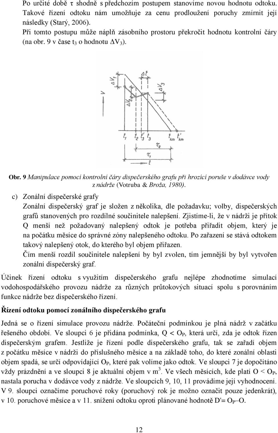 9 Manipulace pomocí kontrolní čáry dispečerského grafu při hrozící poruše v dodávce vody z nádrže (Votruba & Broža, 1980).