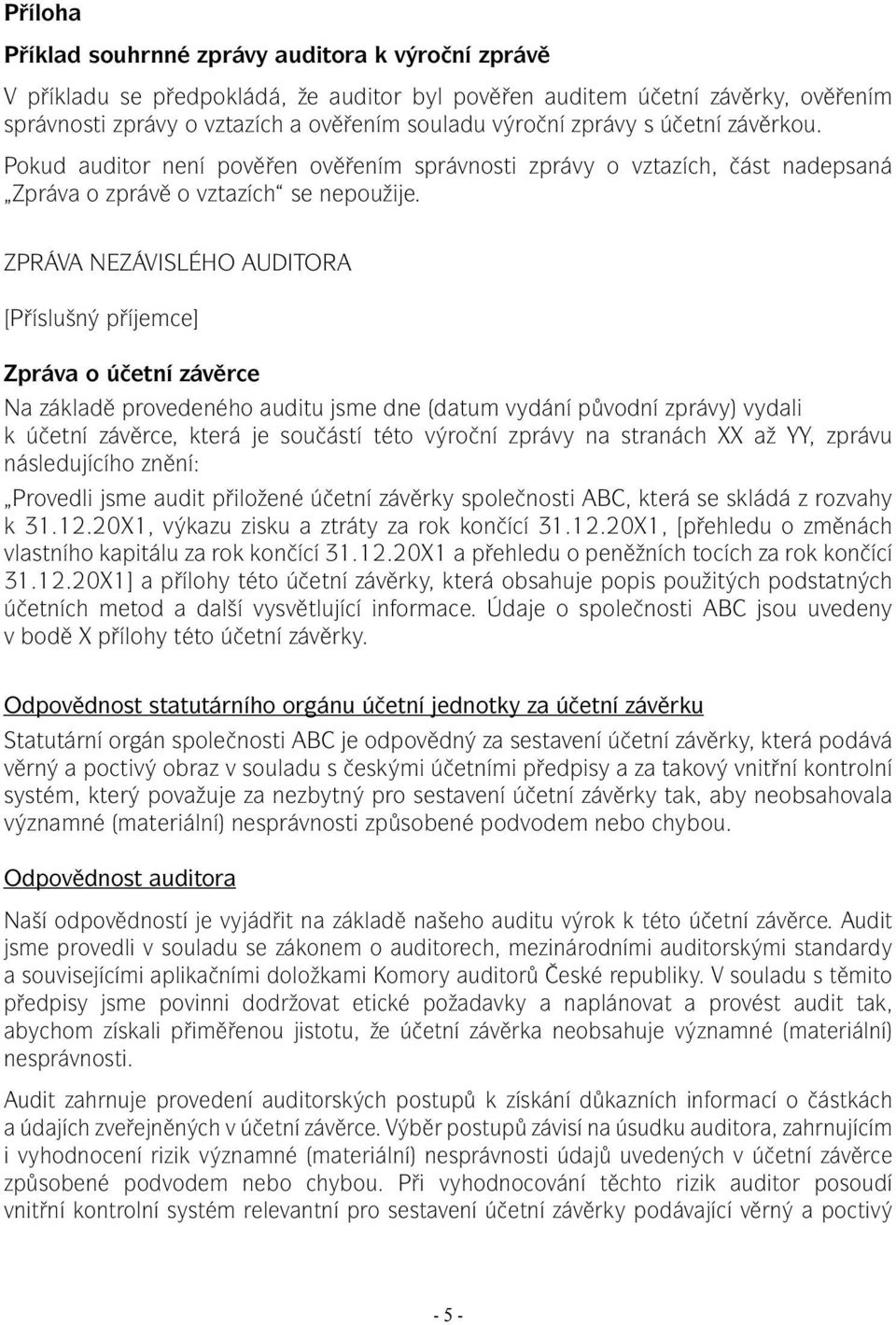 ZPRÁVA NEZÁVISLÉHO AUDITORA [Příslušný příjemce] Zpráva o účetní závěrce Na základě provedeného auditu jsme dne (datum vydání původní zprávy) vydali k účetní závěrce, která je součástí této výroční