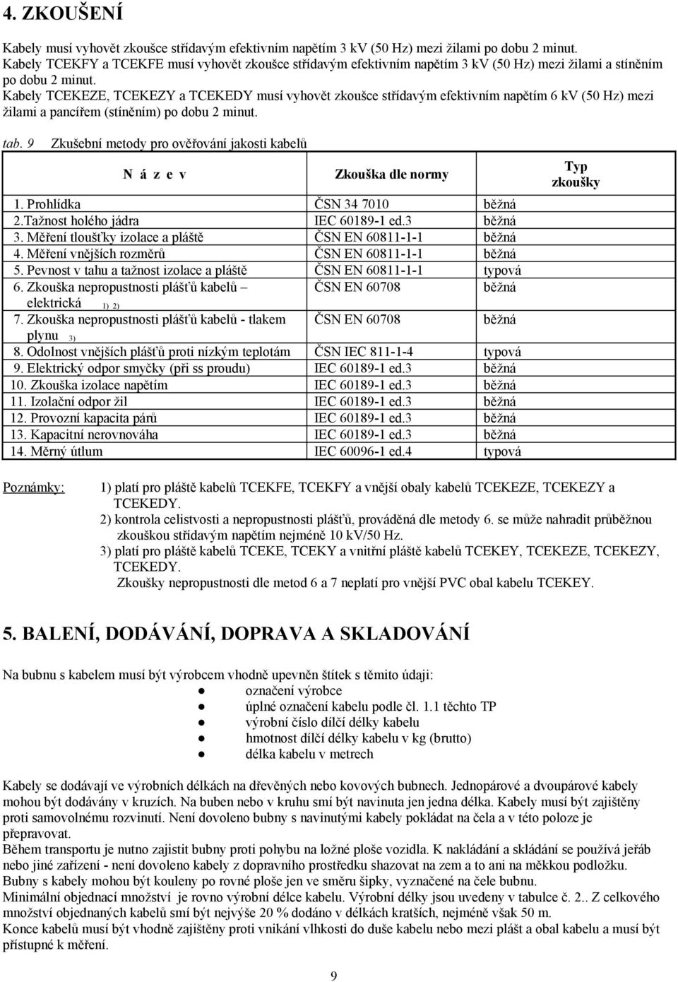 Kabely TCEKEZE, TCEKEZY a TCEKEDY musí vyhovět zkoušce střídavým efektivním napětím 6 kv (50 Hz) mezi žilami a pancířem (stíněním) po dobu 2 minut. tab.