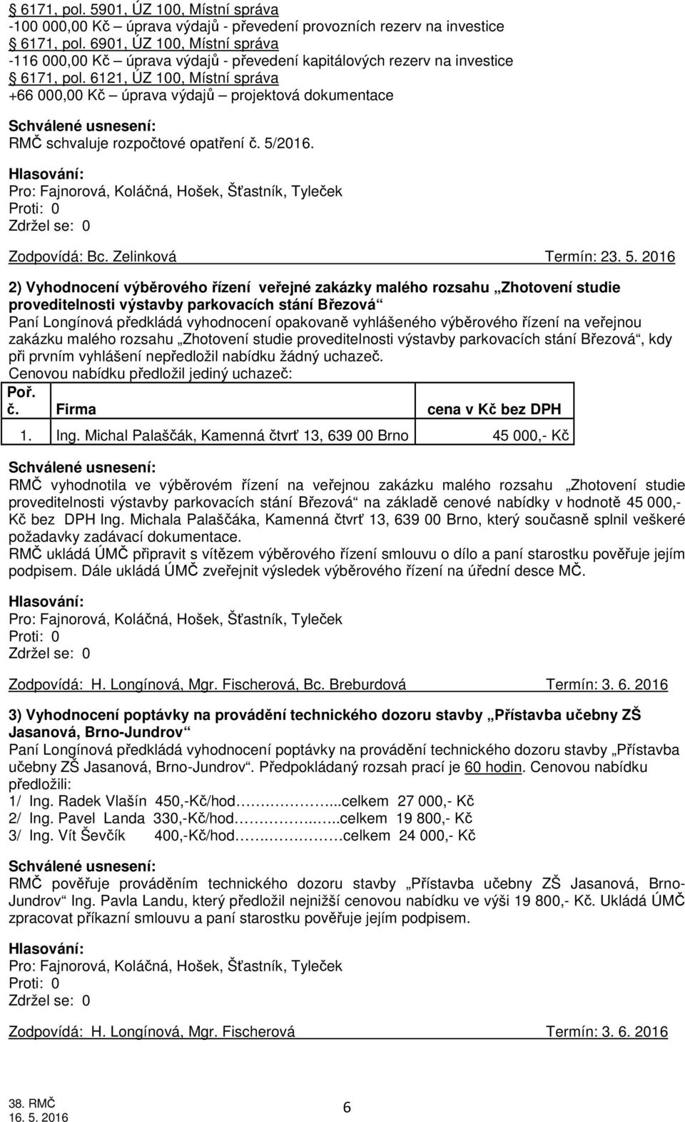 6121, ÚZ 100, Místní správa +66 000,00 Kč úprava výdajů projektová dokumentace RMČ schvaluje rozpočtové opatření č. 5/