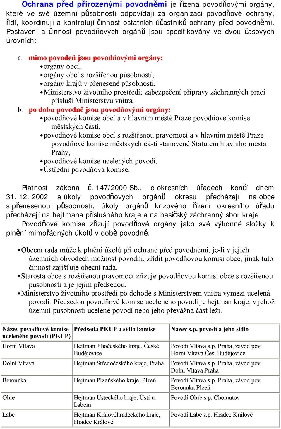 mimo povodeň jsou povodňovými orgány: orgány obcí, orgány obcí s rozšířenou působností, orgány krajů v přenesené působnosti, Ministerstvo životního prostředí; zabezpečení přípravy záchranných prací