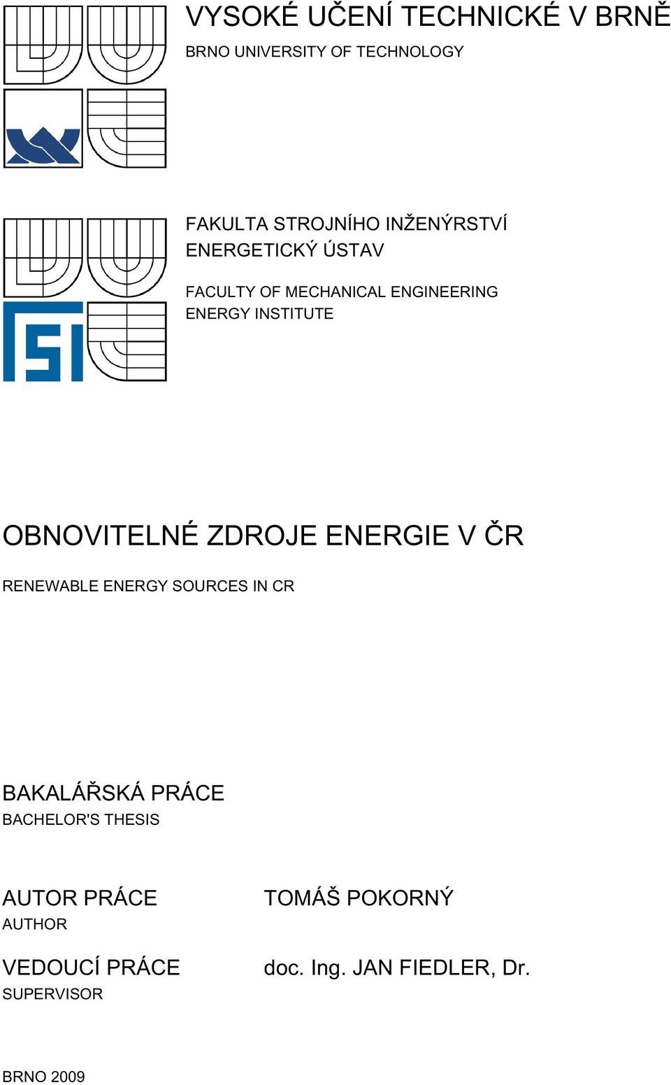 OBNOVITELNÉ ZDROJE ENERGIE V ČR RENEWABLE ENERGY SOURCES IN CR BAKALÁŘSKÁ PRÁCE