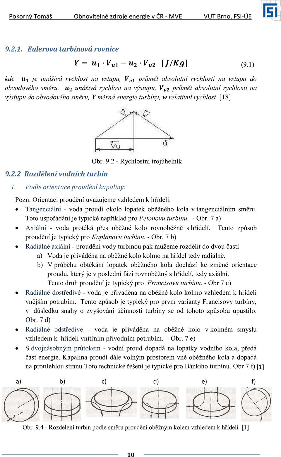 turbíny, w relativní rychlost [18] 9.2.2 Rozdělení vodních turbín I. Podle orientace proudění kapaliny: Obr. 9.2 - Rychlostní trojúhelník Pozn. Orientaci proudění uvažujeme vzhledem k hřídeli.