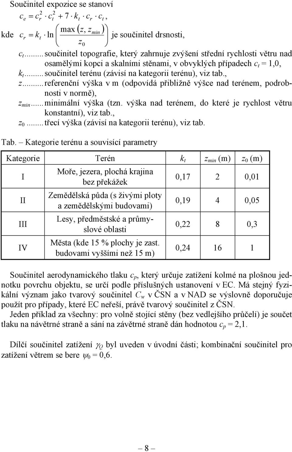 z...referenční výška v m (odpovídá přibližně výšce nad terénem podrobnosti v normě) z min...minimální výška (tzn. výška nad terénem do které je rychlost větru konstantní) viz tab. z 0.