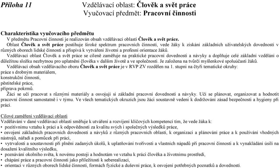 Oblast Člověk a svět práce postihuje široké spektrum pracovních činností, vede žáky k získání základních uživatelských dovedností v různých oborech lidské činnosti a přispívá k vytváření životní a