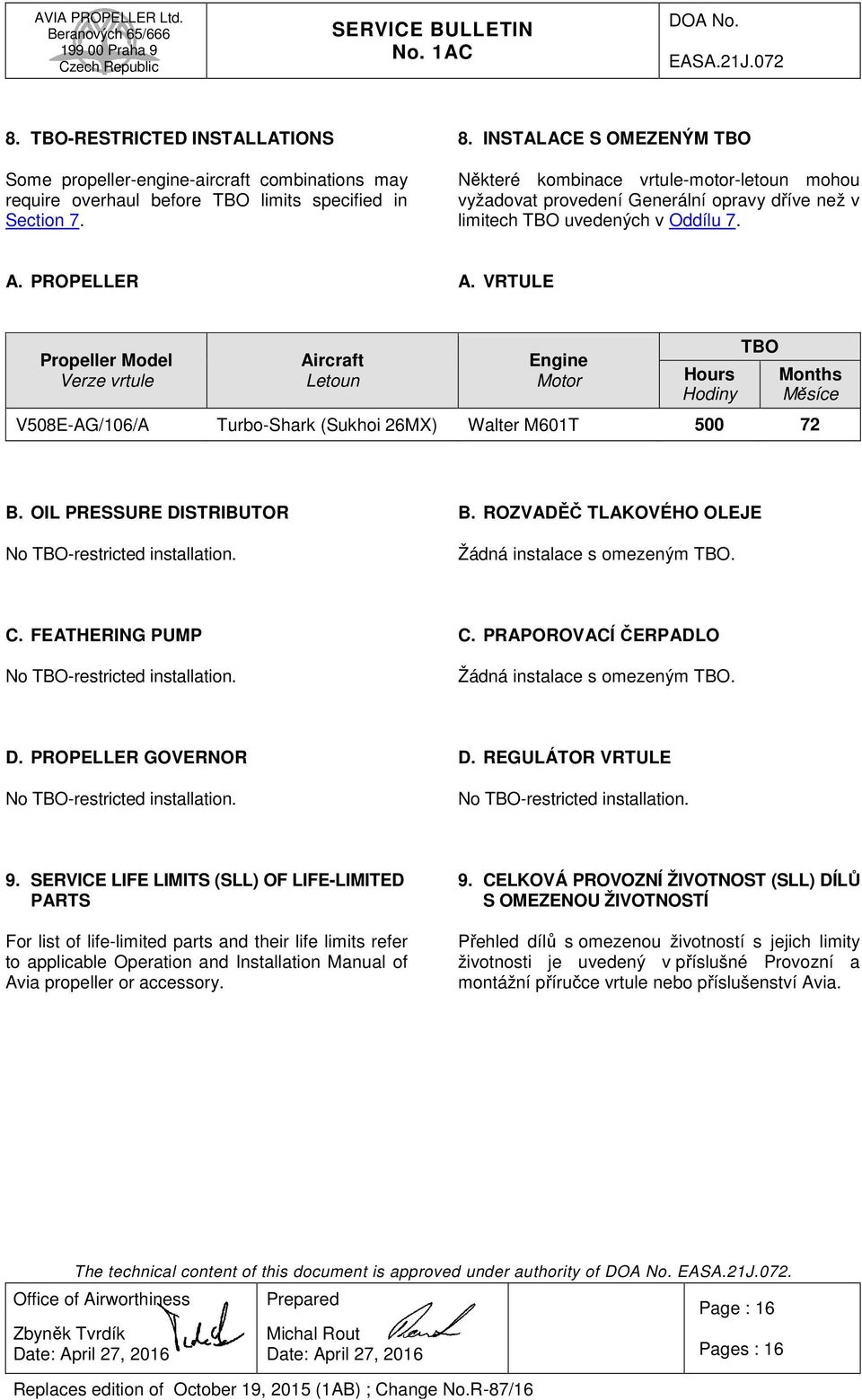 C. FEATHERING PUMP No -restricted installation. C. PRAPOROVACÍ ČERPADLO Žádná instalace s omezeným. D. PROPELLER GOVERNOR No -restricted installation. D. REGULÁTOR VRTULE No -restricted installation.