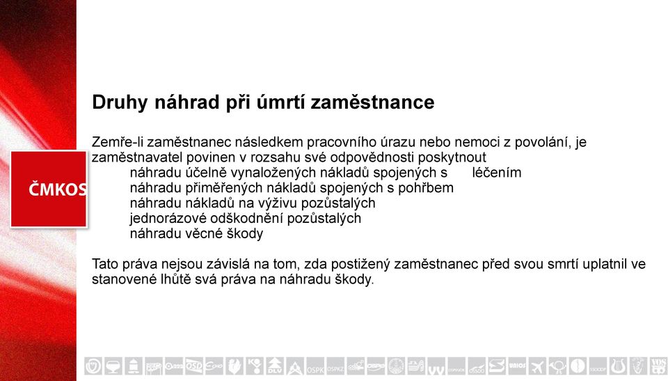 nákladů spojených s pohřbem náhradu nákladů na výživu pozůstalých jednorázové odškodnění pozůstalých náhradu věcné škody