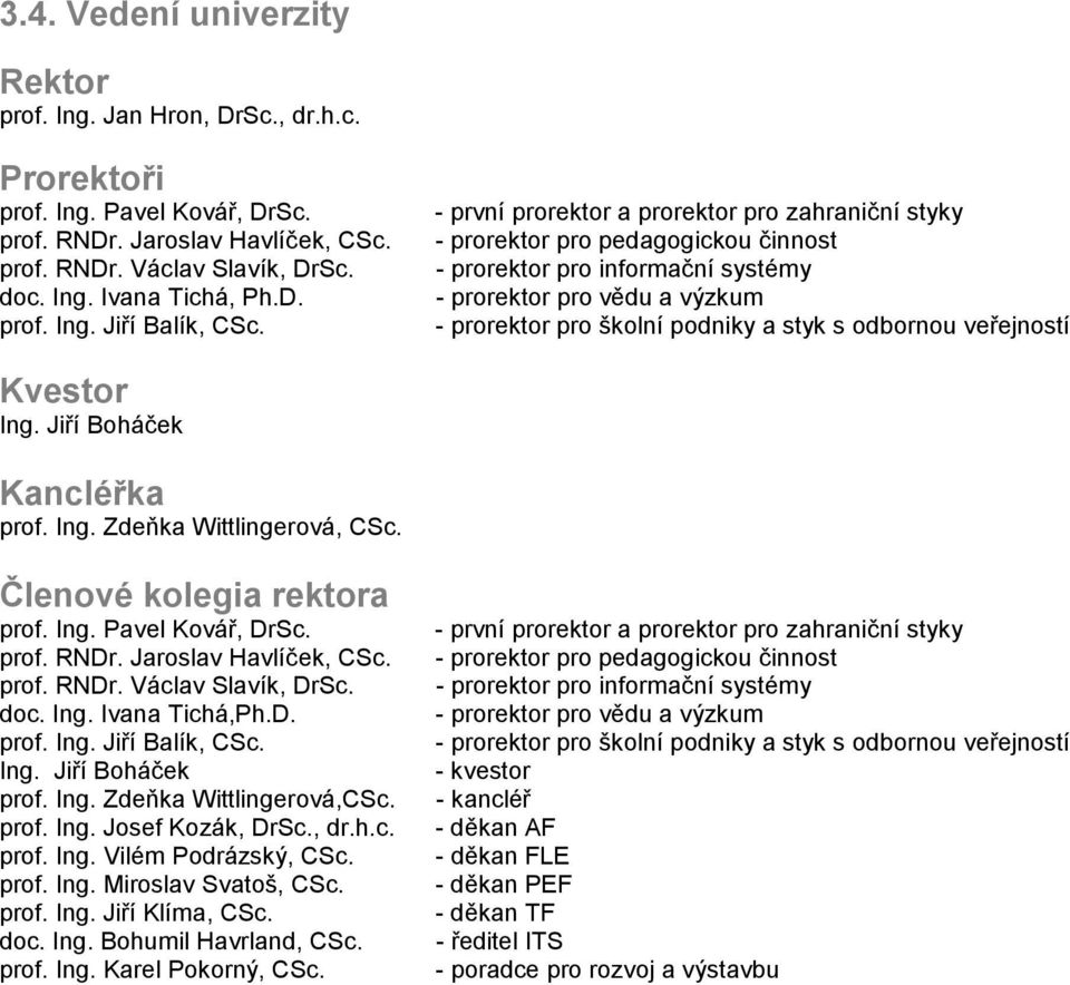 - první prorektor a prorektor pro zahraniční styky - prorektor pro pedagogickou činnost - prorektor pro informační systémy - prorektor pro vědu a výzkum - prorektor pro školní podniky a styk s