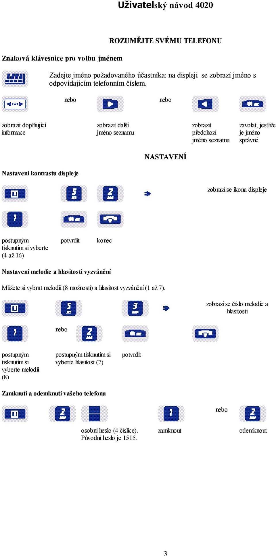 displeje postupným tisknutím si vyberte (4 až 16) potvrdit konec Nastavení melodie a hlasitosti vyzvánění Můžete si vybrat melodii (8 možnost í) a hlasitost vyzvánění (1 až 7).