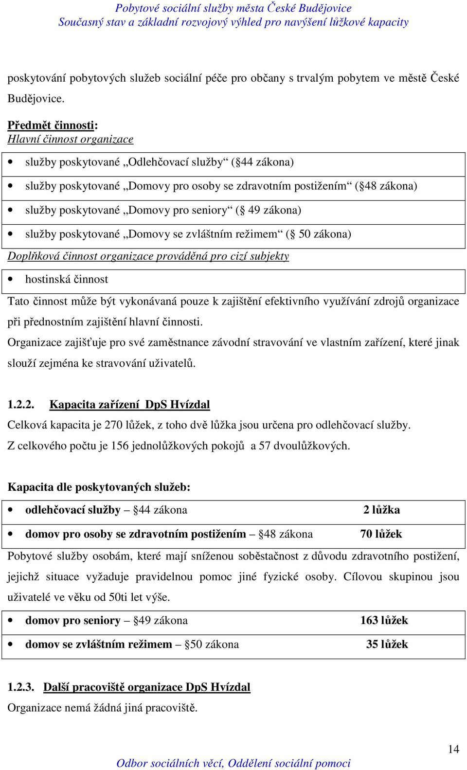 seniory ( 49 zákona) služby poskytované Domovy se zvláštním režimem ( 50 zákona) Doplňková činnost organizace prováděná pro cizí subjekty hostinská činnost Tato činnost může být vykonávaná pouze k