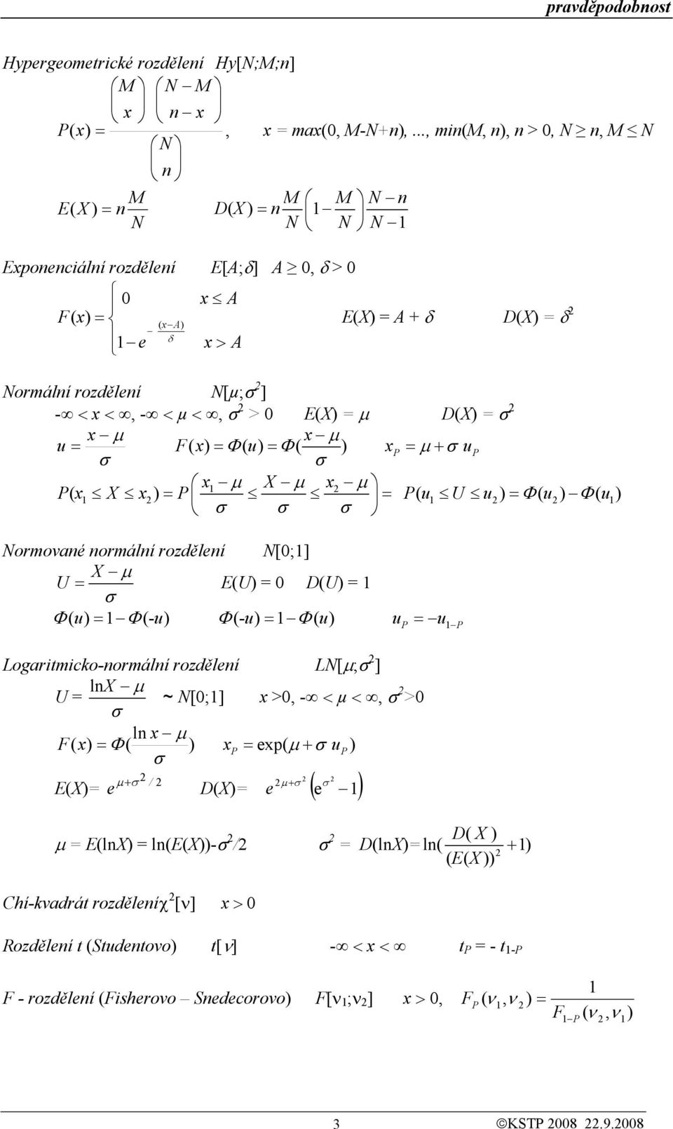 µ, > E(X µ D(X µ µ F( Φ( Φ( µ µ X µ µ ( X ( U Φ( Φ ( Normovaé ormálí rozděleí N[;] U X µ E(U D(U Φ( Φ (- Φ(- Φ( Logarmco-ormálí rozděleí LN[µ;