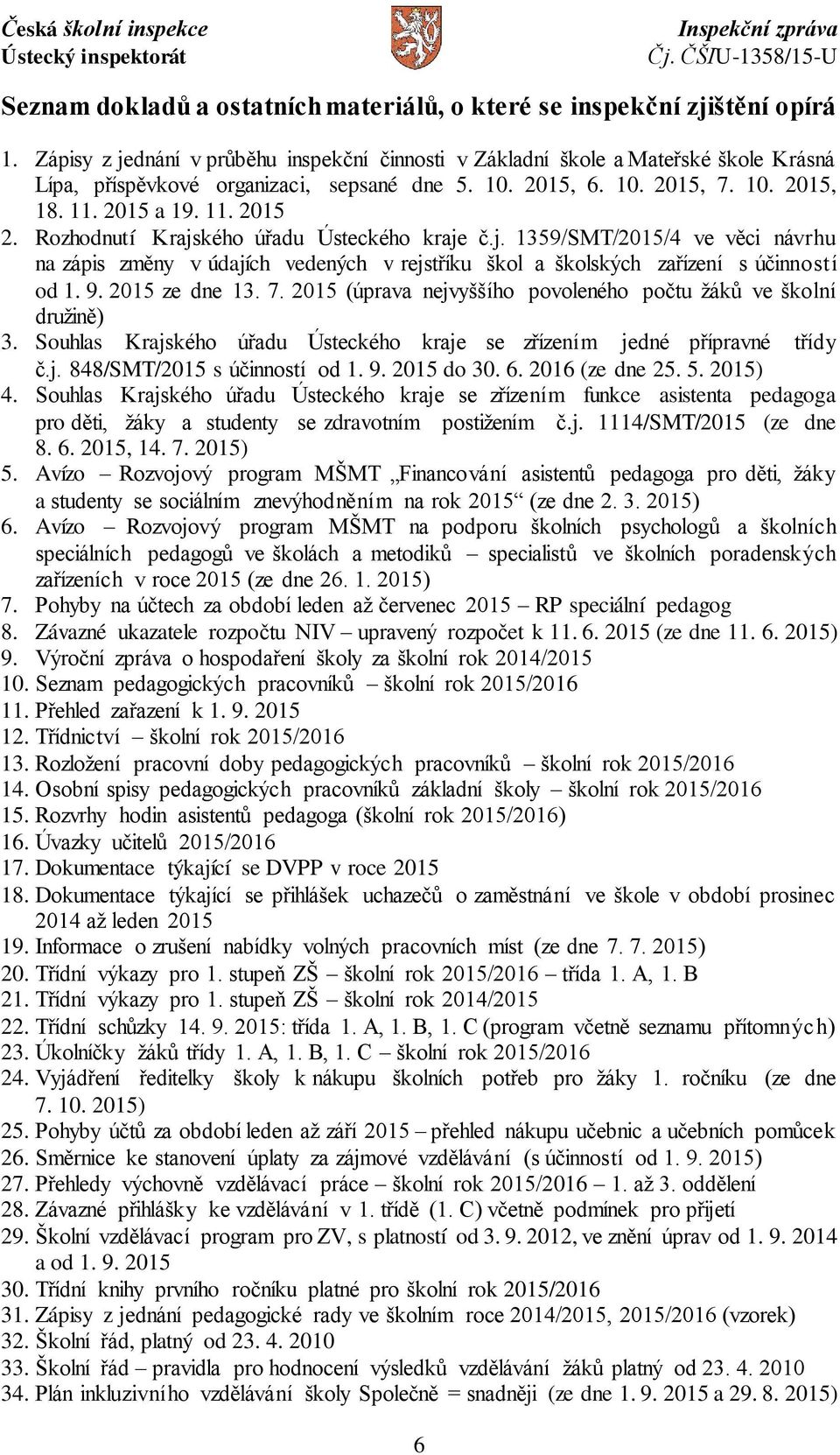 Rozhodnutí Krajského úřadu Ústeckého kraje č.j. 1359/SMT/2015/4 ve věci návrhu na zápis změny v údajích vedených v rejstříku škol a školských zařízení s účinností od 1. 9. 2015 ze dne 13. 7.