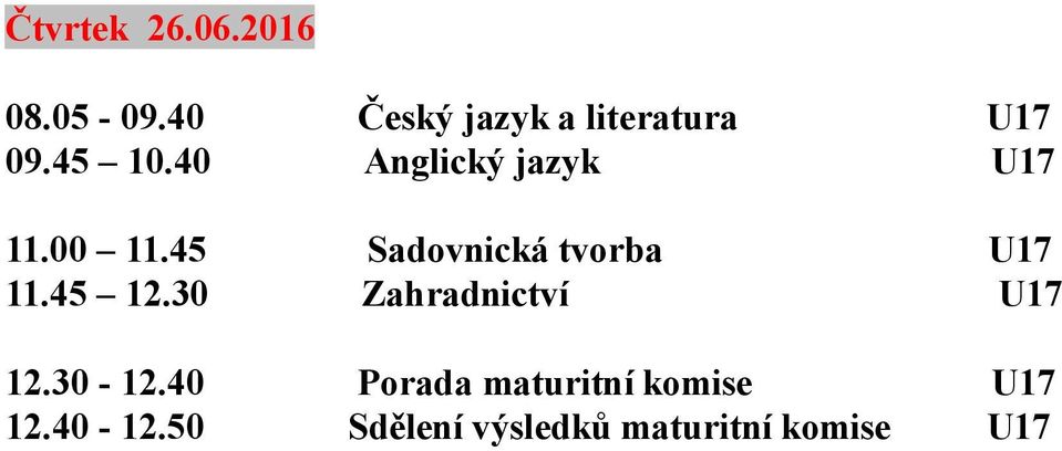 40 Anglický jazyk U17 11.00 11.45 Sadovnická tvorba U17 11.