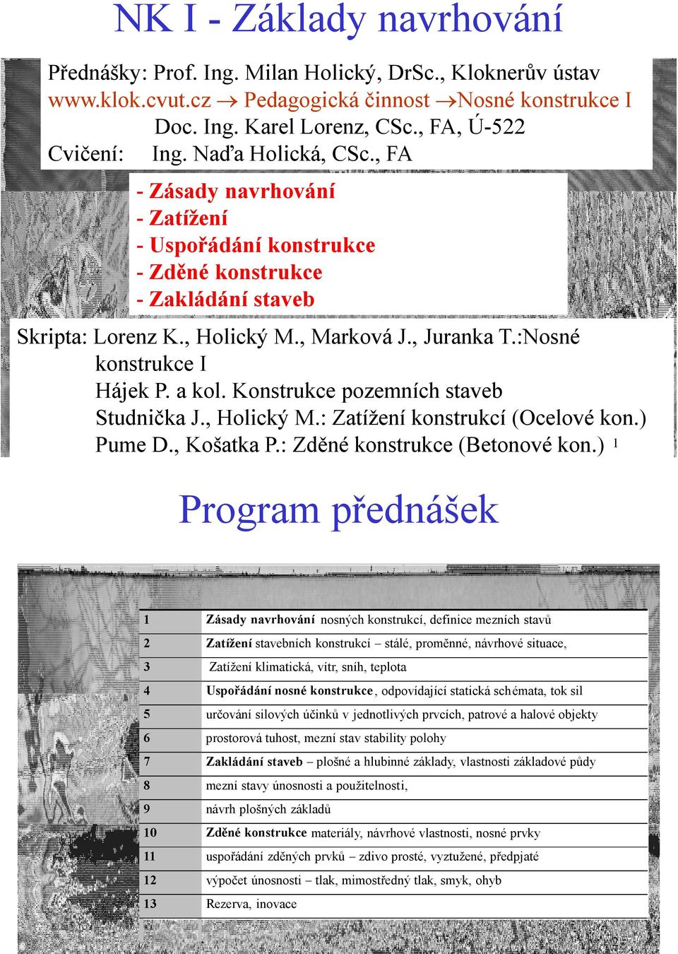 a kol. Konstrukce pozemních staveb Studnička J., Holický M.: Zatížení konstrukcí (Ocelové kon.) Pume D., Košatka P.: Zděné konstrukce (Betonové kon.